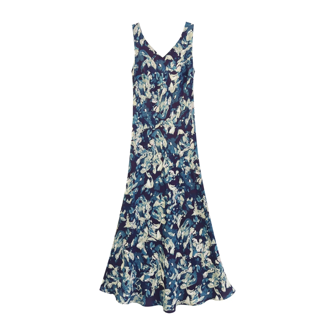 【萄禧】“蓝色花海”100醋酸宽肩带斜裁连衣裙气质显瘦TX03QZ0012