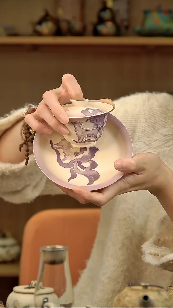 言野手作 点彩紫月三才盖碗