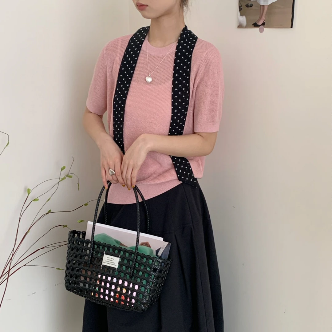 【素简.680108】春款上新天爽亚麻丝巾短袖红人混纺针织衫（5.9福利）