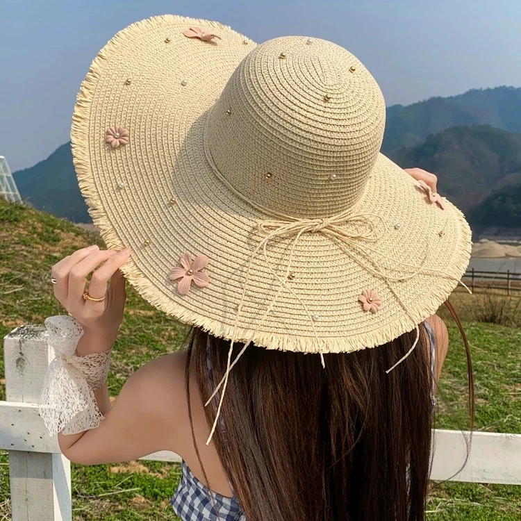 草帽女花朵夏季春季帽子平顶草帽夏天大帽檐户外编织凉帽