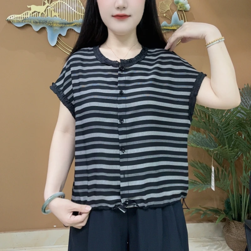时尚气质百搭圆领减龄短袖荷叶边上衣夏显瘦洋气韩版