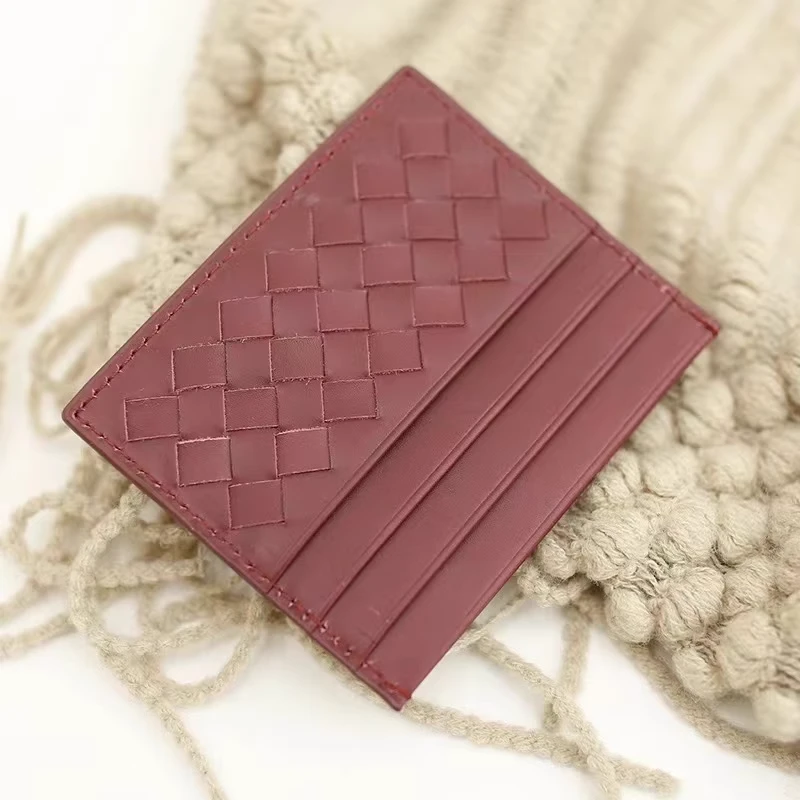 YUSHA/高档红咖色羊皮编织一片式卡包-3019