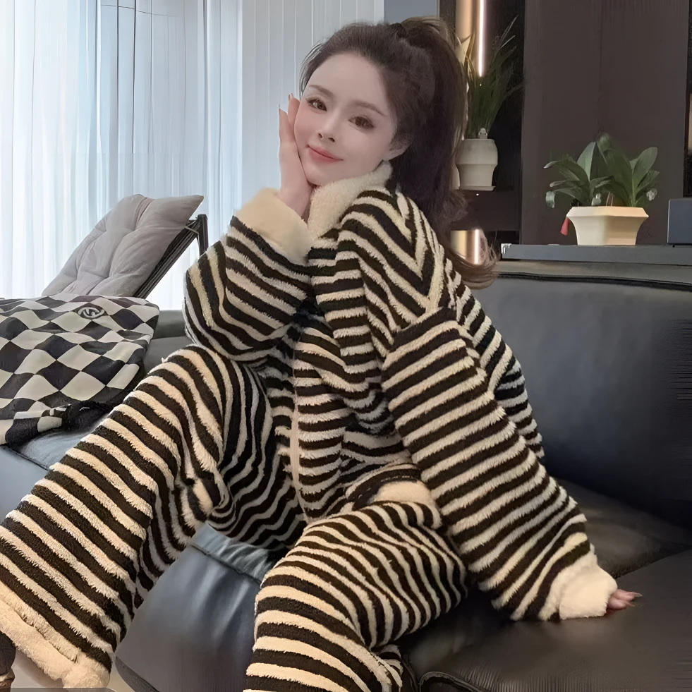 【加厚条纹】冬款睡衣带袖子睡衣加厚睡衣可外穿休闲韩版宽松显瘦