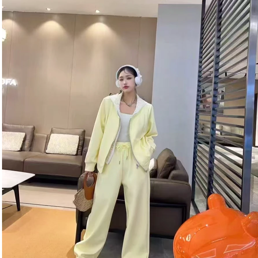 【苏苏精选】W610时尚洋气减龄连帽蕾丝卫衣阔腿裤两件套