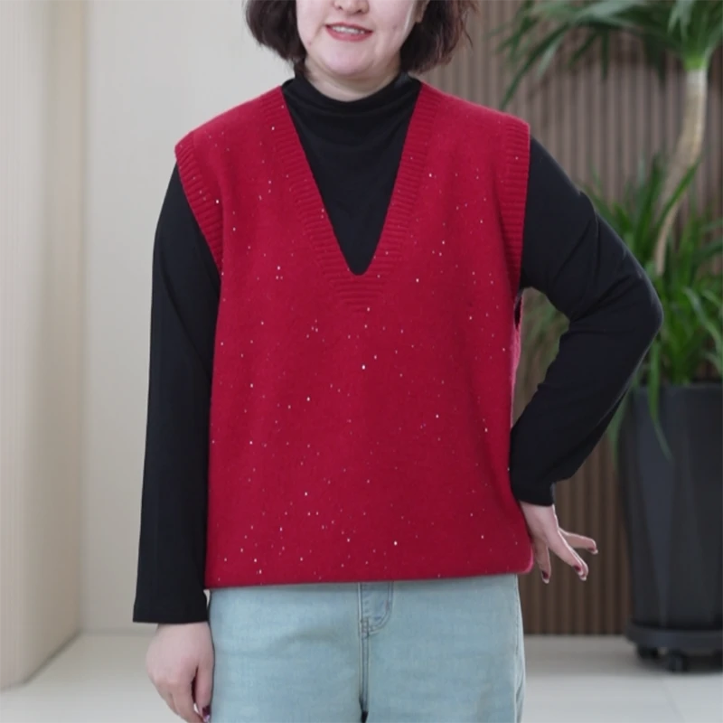 【两件套】亮片星空针织马甲+半高领打底衫大码秋冬新款时尚套装女