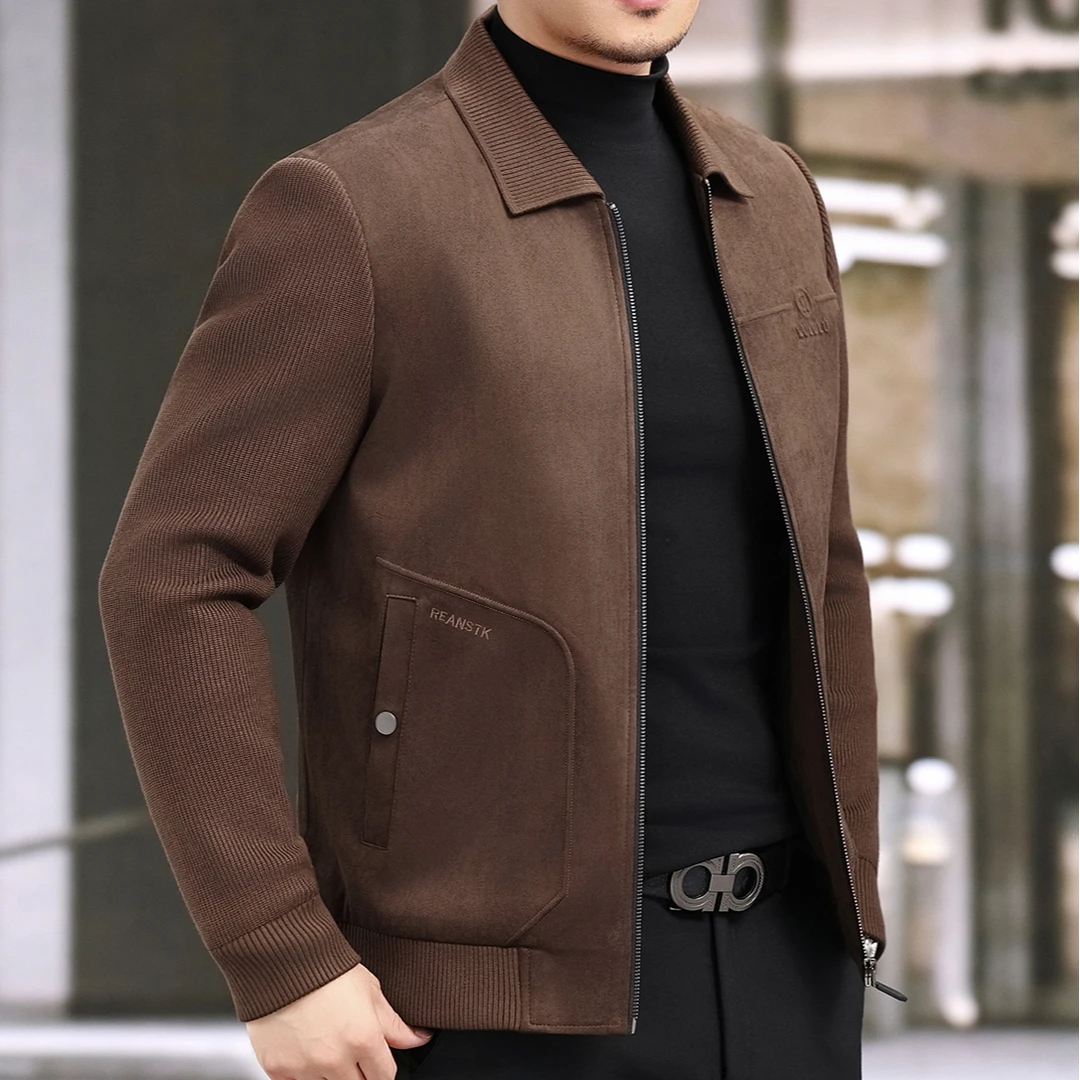 利尼科比利男士加厚夹克秋冬2025翻领仿针织袖短款保暖外套男装