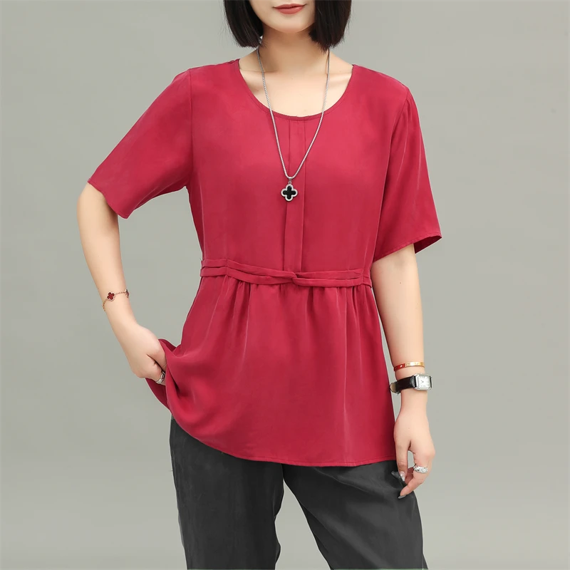 重磅铜氨丝上衣女夏季中长款显瘦遮肚子绑带短袖t恤宽松女装大码