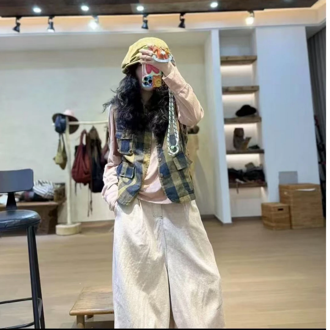 241237手工格子时尚马甲休闲百搭复古文艺