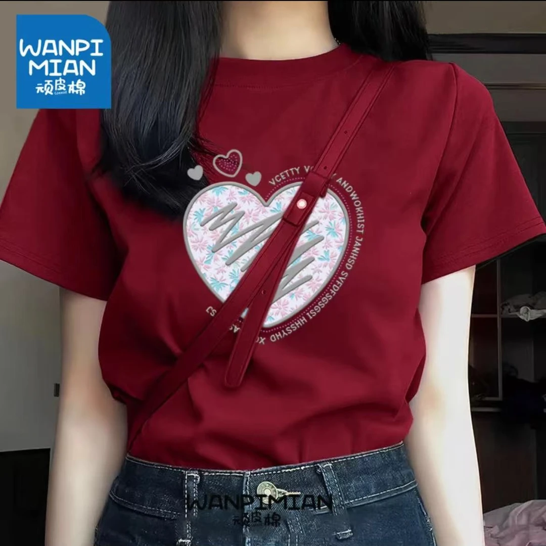 锦绣棉匠韩系创意百搭宽松圆领透气时尚休闲短袖T恤-落肩短袖