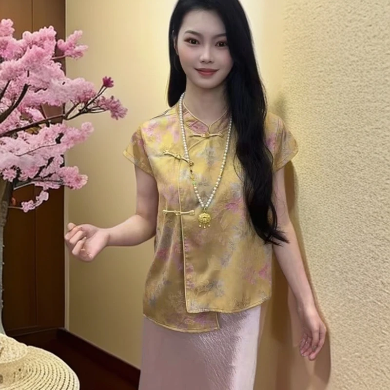 【夏凝香】女款短袖立领盘扣国潮中国风唐装印花衬衫上衣