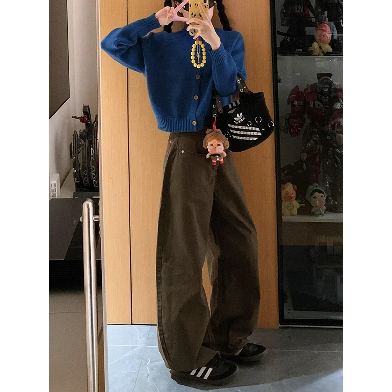 复古美拉德棕咖色弯刀牛仔裤女冬季新款宽松阔腿显瘦工装直筒裤子