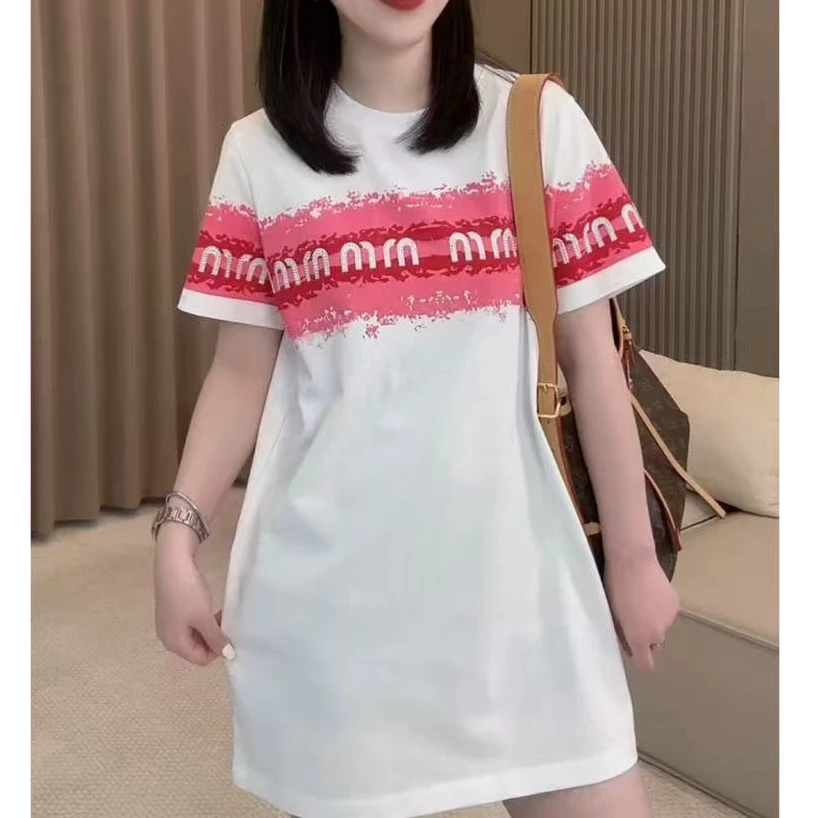 2025夏季新款时尚烫钻印花撞色短袖t恤女中长款宽松休闲上衣236