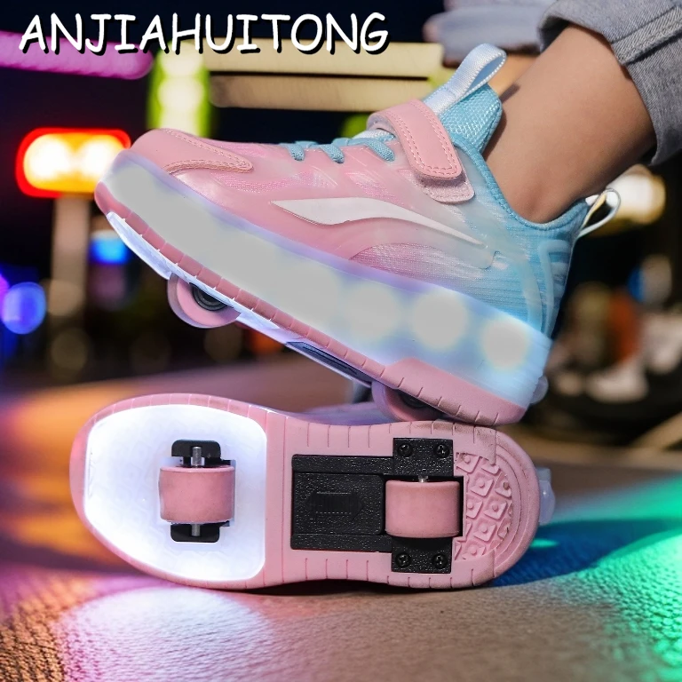 暴走鞋男女童夏款女孩轮滑鞋带轮子的鞋彩灯儿童两轮自动透气拆卸