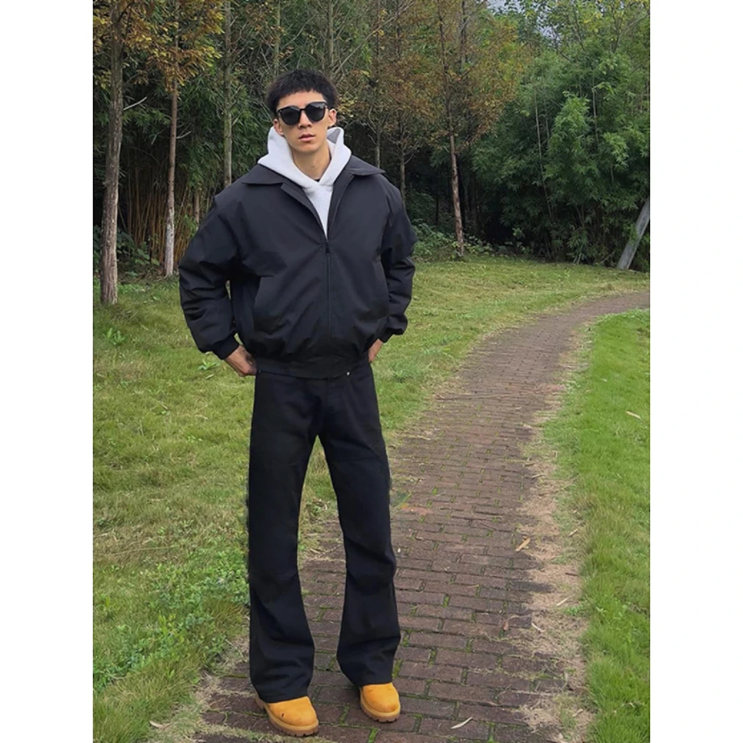 黑色工装牛仔裤男款高腰修身显瘦痞帅裤子美式高街vibe弯刀微喇裤