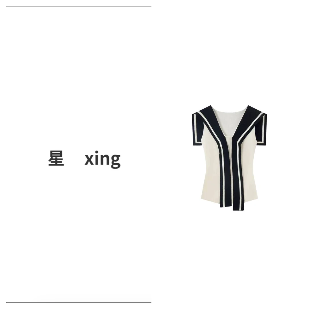 夏装新款海军领系带领显瘦百搭针织上衣55072