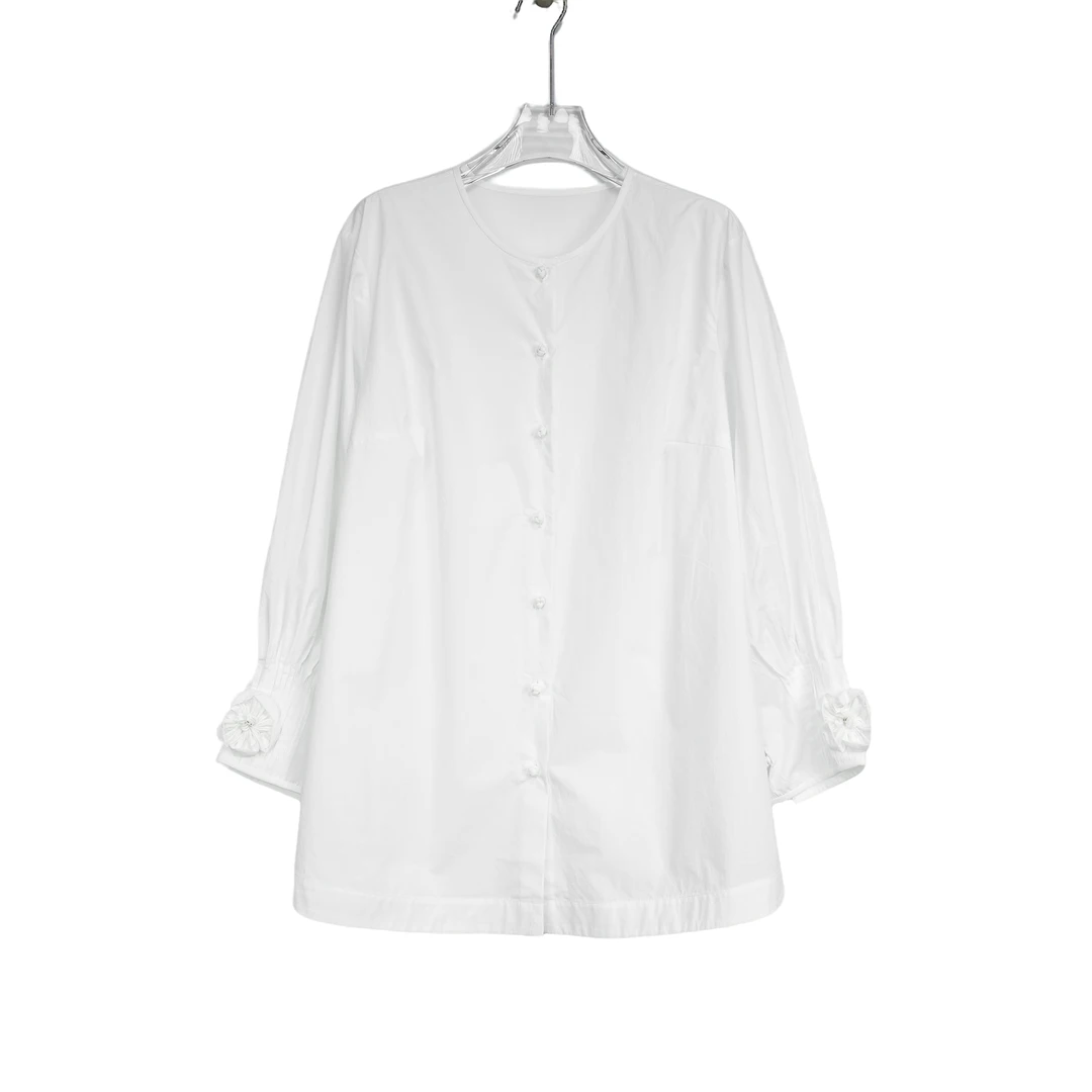 大码时尚洗水棉时尚百搭圆领长袖重工订花衬衣开衫8789