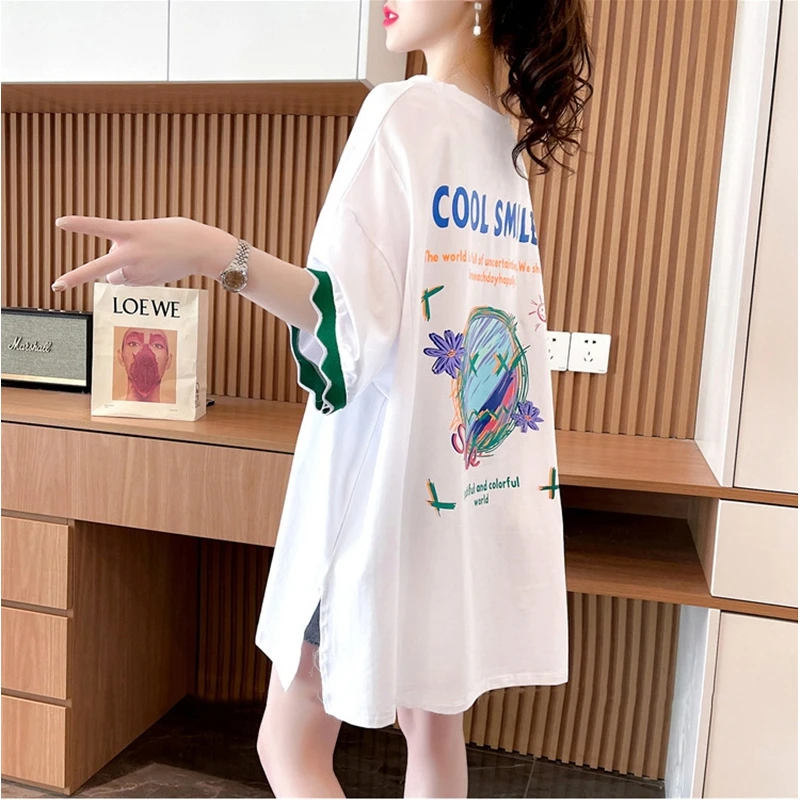 大码半袖女装中长款短袖t恤女2025年新款夏季胖mm显瘦遮肚上衣服