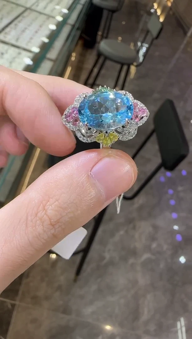 银S925镶嵌戒指托帕石10*14mm