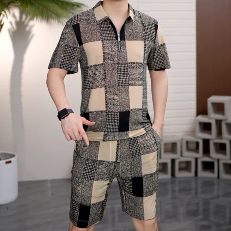 2025夏季男士欧货半袖翻领拉链格子牛奶丝轻奢短袖T恤短裤TZ5190