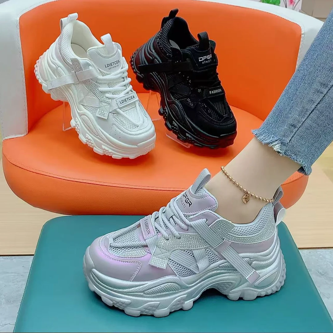 厚底增高老爹鞋女2025秋冬新款小个子百搭水钻网面透气休闲运动鞋