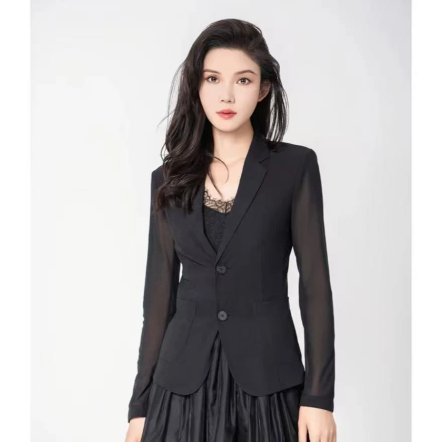 阿玛施春夏百搭修身显瘦气质薄款透黑色网纱西装外套女5400808