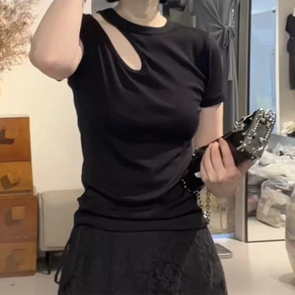 新款镂空短袖圆领修身型T恤修身夏季女款舒适C5776