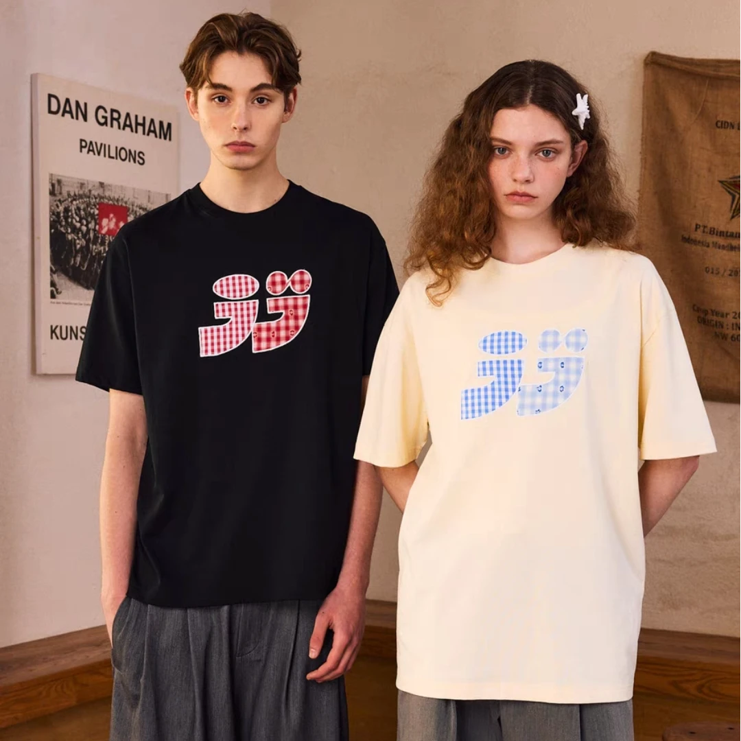 RASS基础逗号格子绣花短袖 国潮夏季宽松印花重磅圆领五分袖半袖t