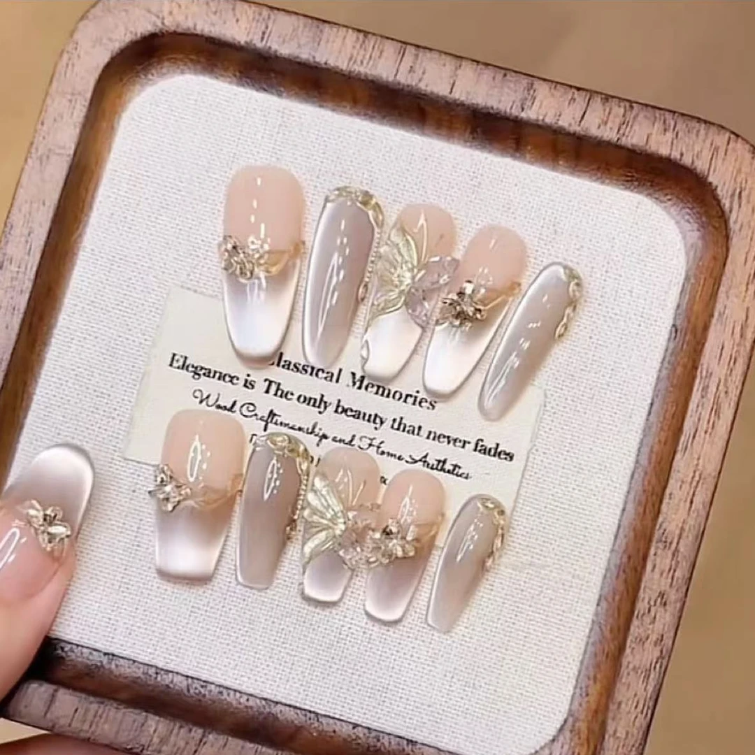 【蝶来运转】纯手工穿戴甲猫眼闪钻美甲贴片可拆卸指甲贴片10片装