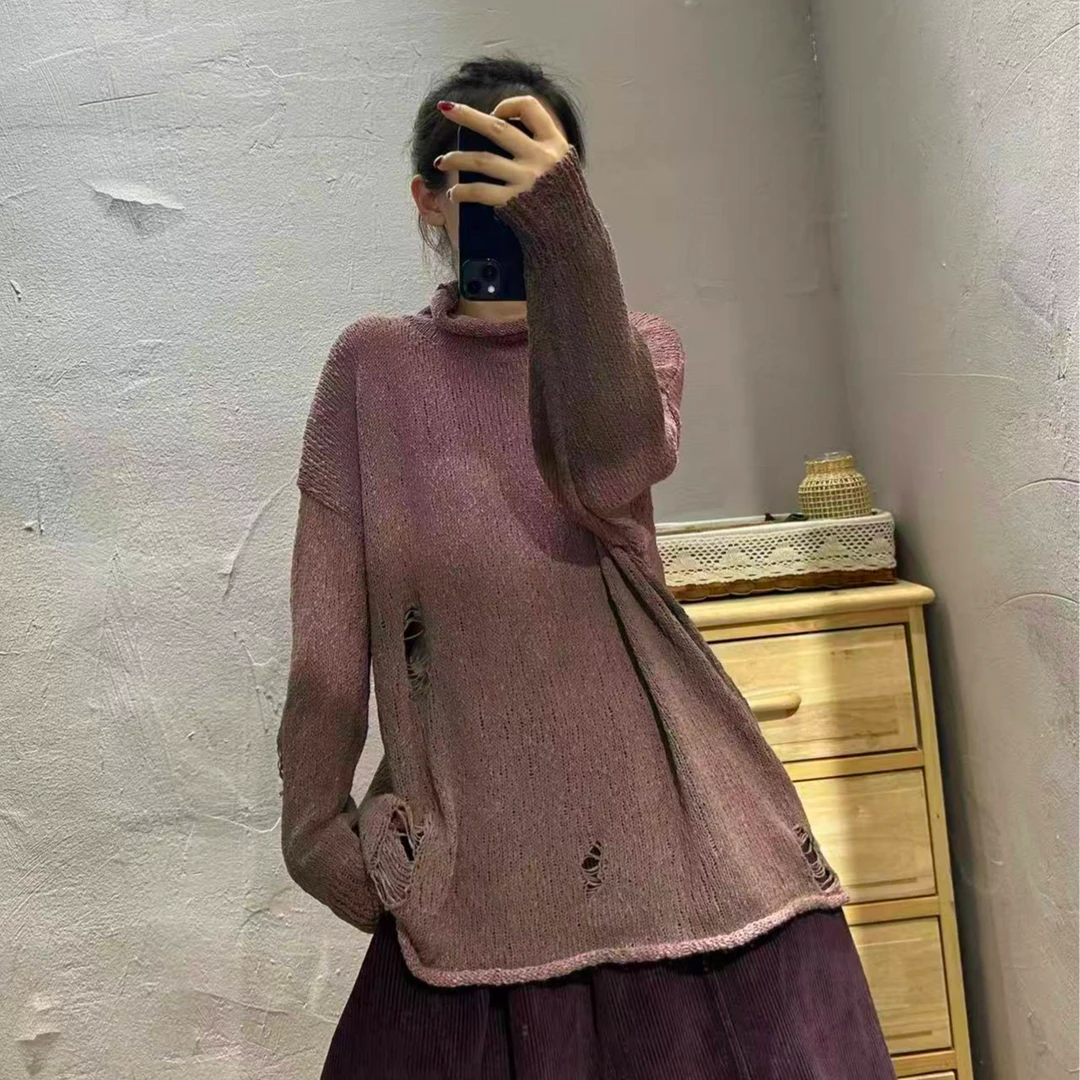 【半奏】秋季新款设计版堆堆领渐变晕染破洞毛衣女 穿160斤内