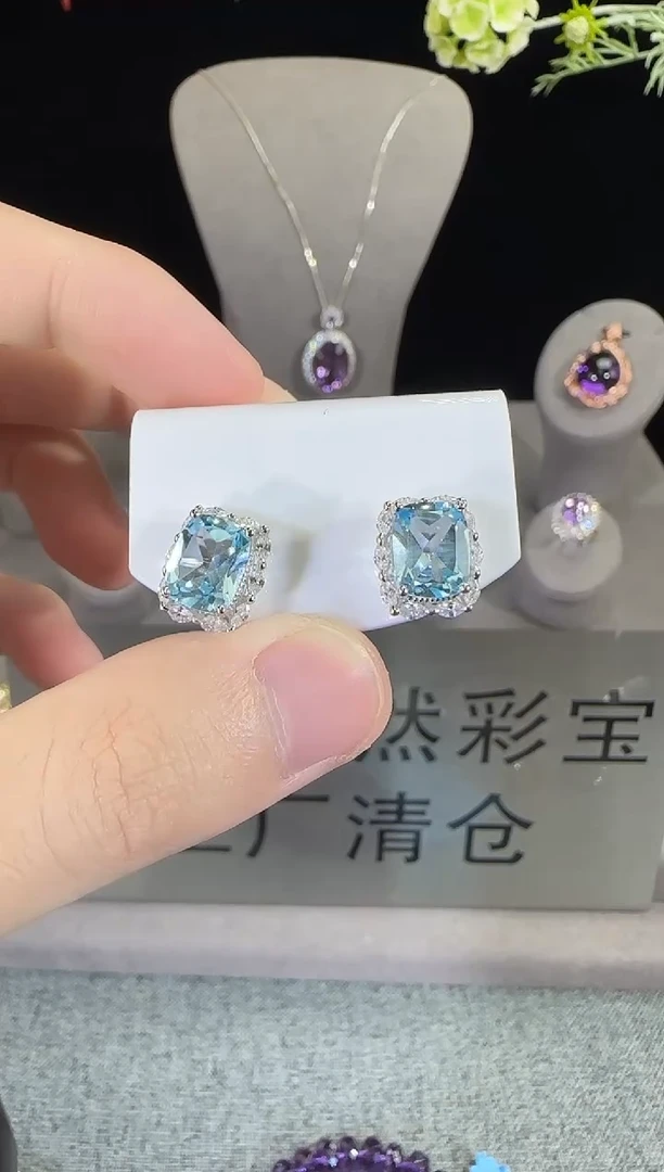 银S925镶嵌耳饰托帕石9*7mm耳钉