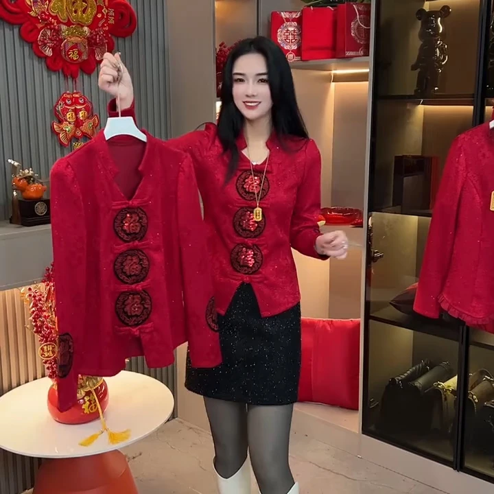 新款五福新中式上衣开叉盘扣设计小衫修身显瘦时尚百搭减龄气质款