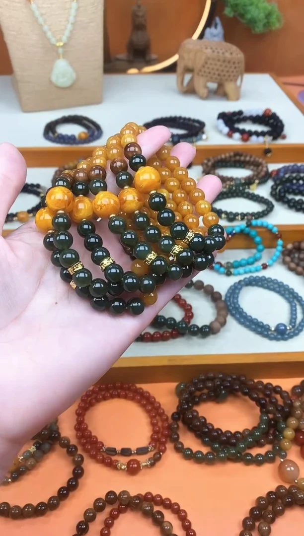 未镶嵌蜜蜡手链单圈蜜蜡和田菠菜绿手串