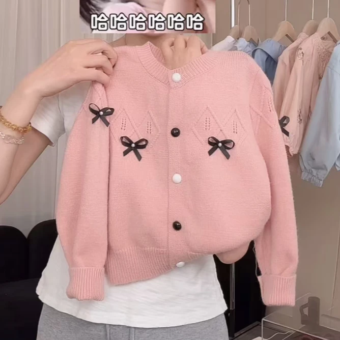 女童针织开衫新款秋季百搭女宝宝毛衣蝴蝶结纯色圆领上衣