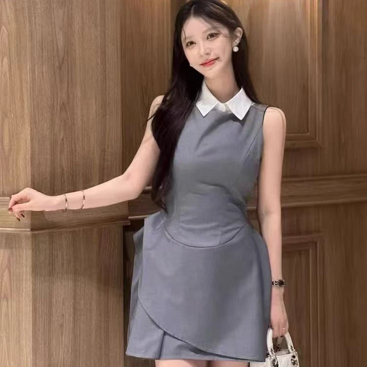 连衣裙2025新款今年流行爆款甜美撞色可拆衬衫领收腰显瘦背心裙子