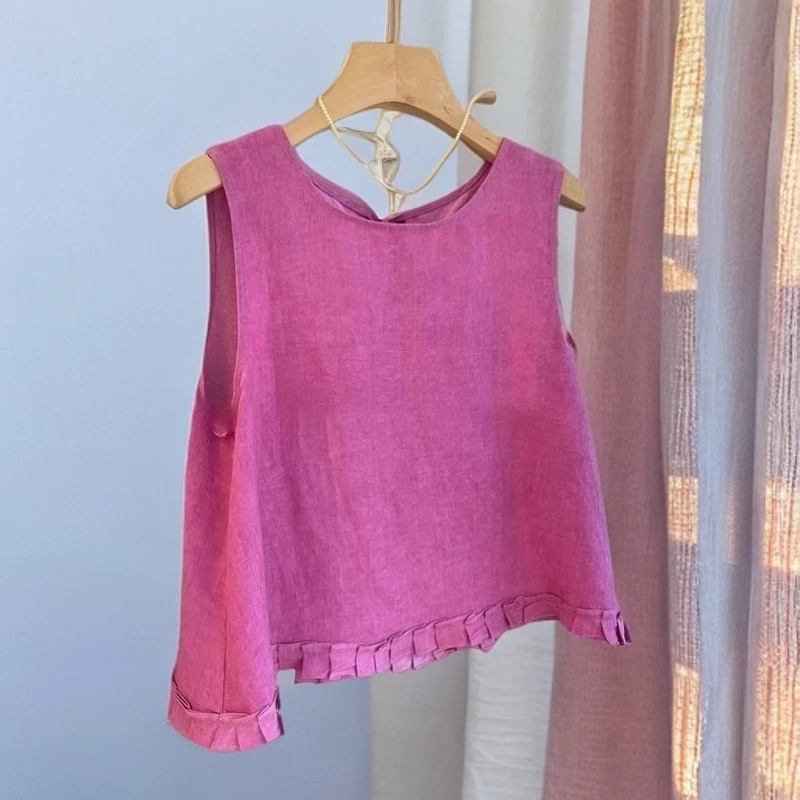 韩系玫红色木耳边拼接无袖女麻背心女小衫夏季宽松甜美娃娃衫上衣