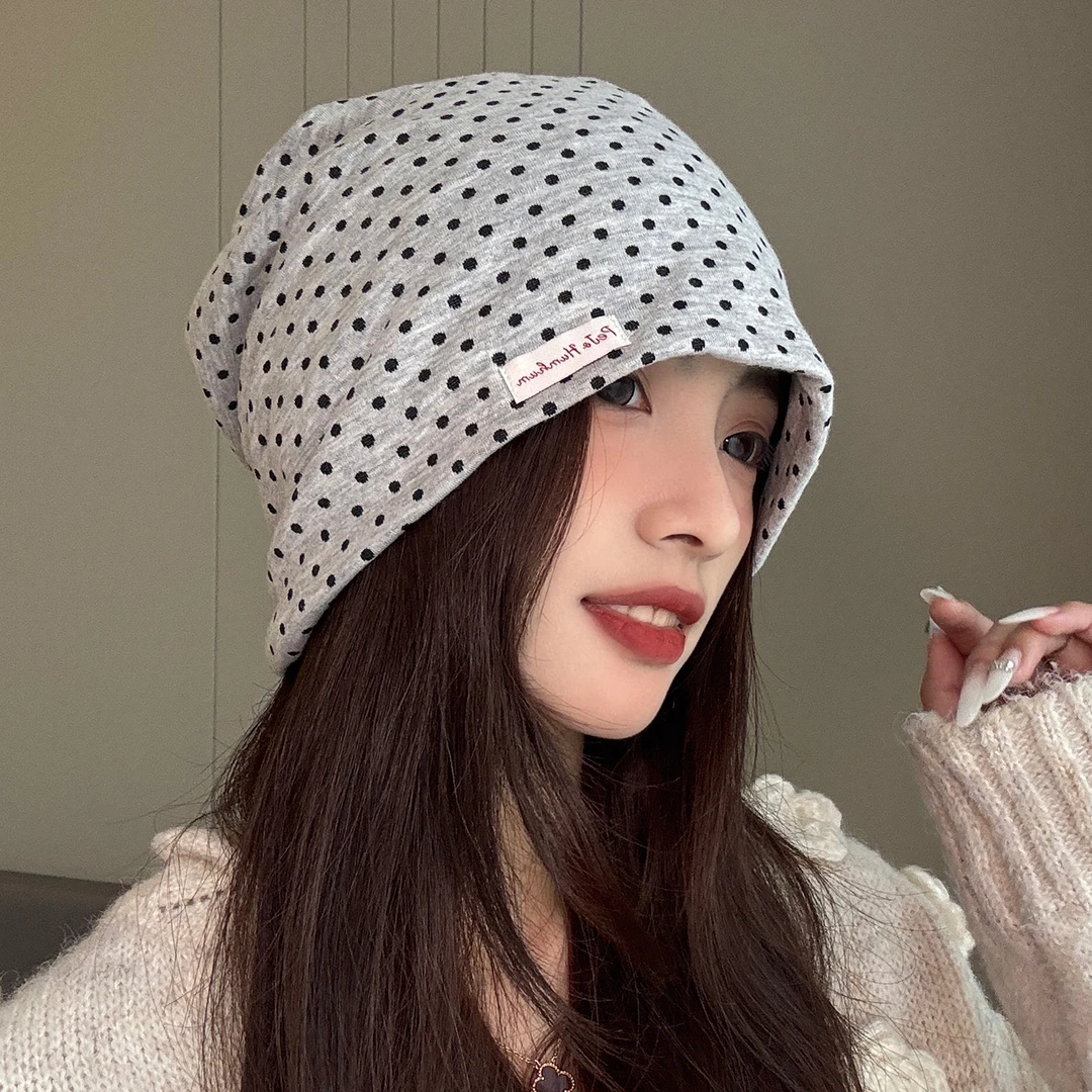 韩系波点包头帽子女秋冬网红百搭显脸小堆堆帽冷帽保暖防风月子帽