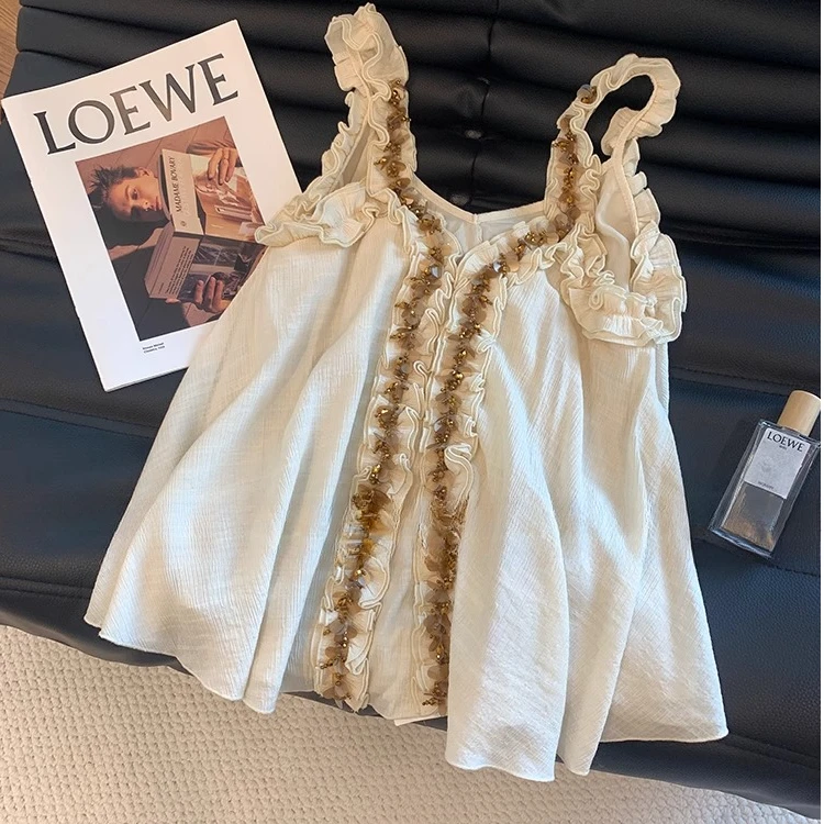 法式度假风v领钉珠拼接吊带背心女夏外穿气质高级感显瘦无袖上衣