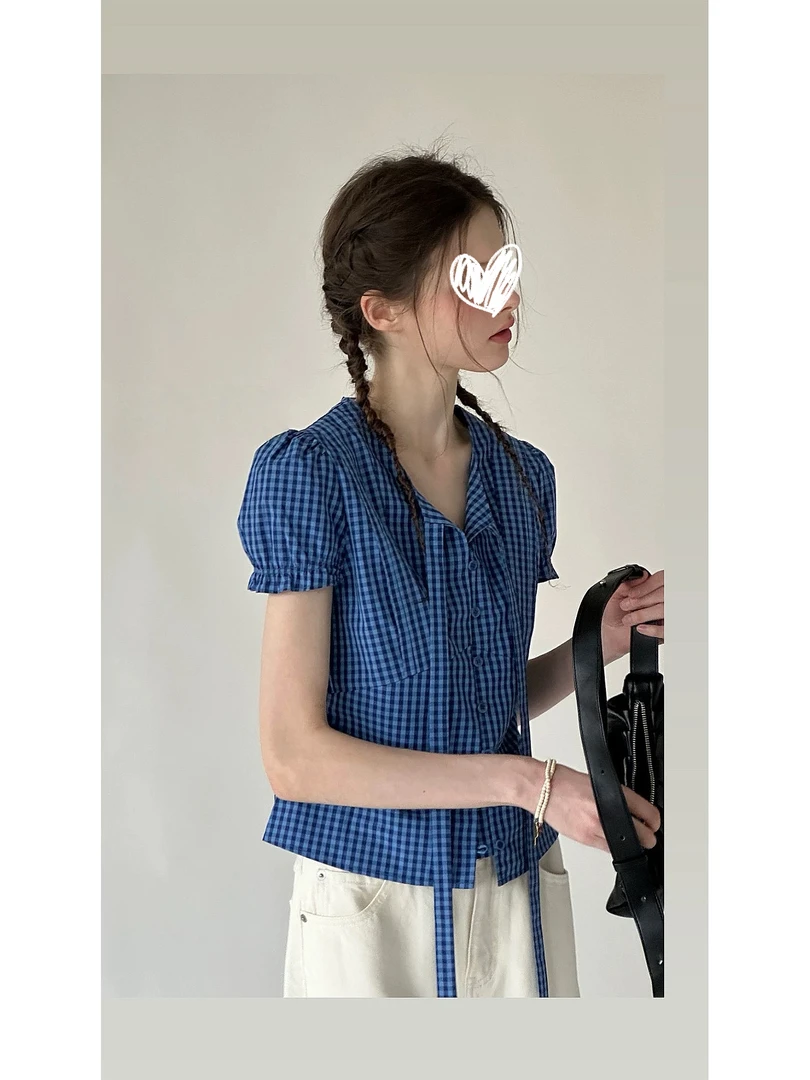 夏天的故事感’浪漫复古V领微收腰格子牛仔花苞短袖衬衫女