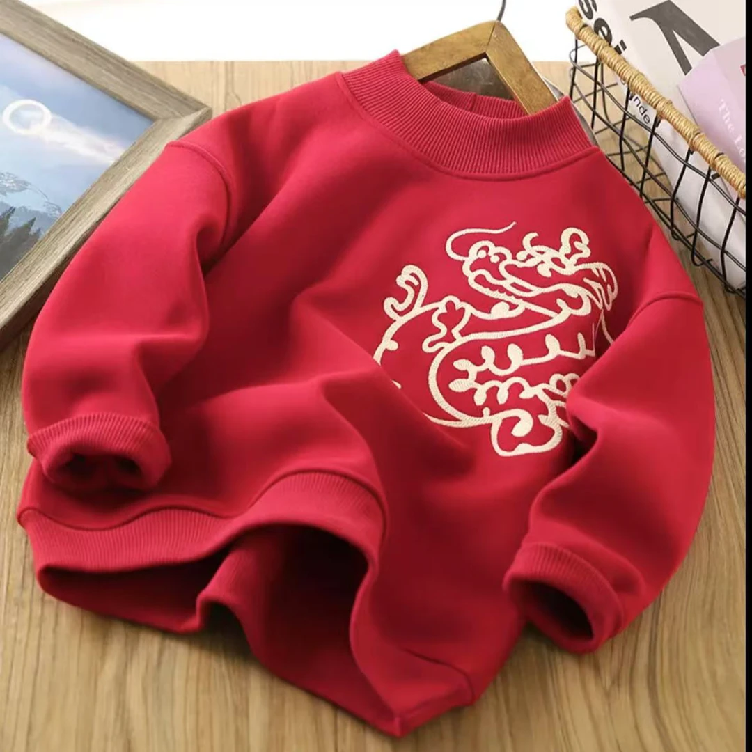 儿童加绒卫衣男童红色拜年服冬季新款加厚保暖打底衫运动衣23280