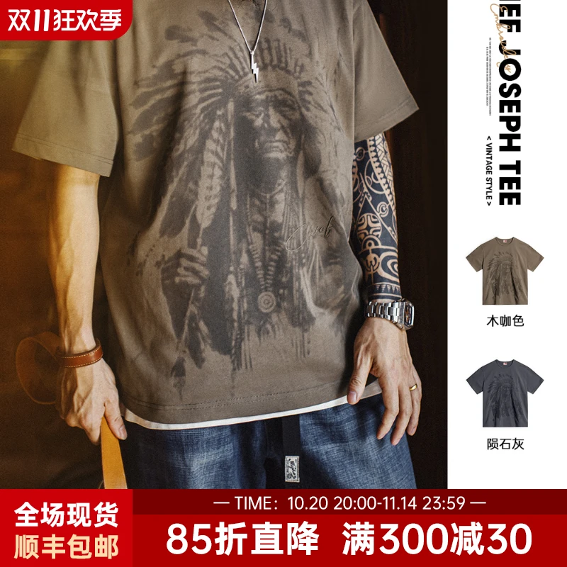 马登工装美式复古满印花T恤纯棉重磅棕色印第安vintage短袖男夏季