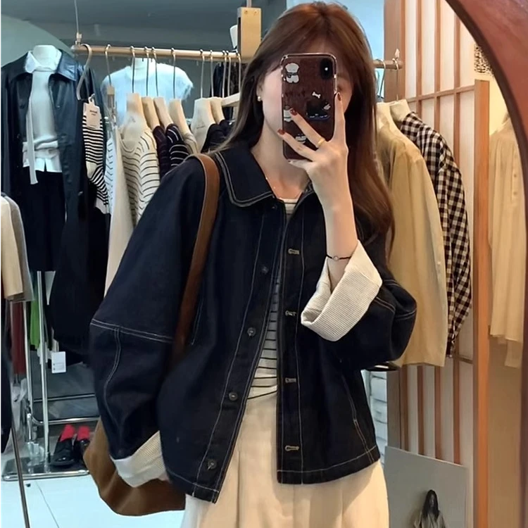 设计感条纹拼接袖口普洗蓝牛仔外套女2025春秋宽松小个子韩版上衣