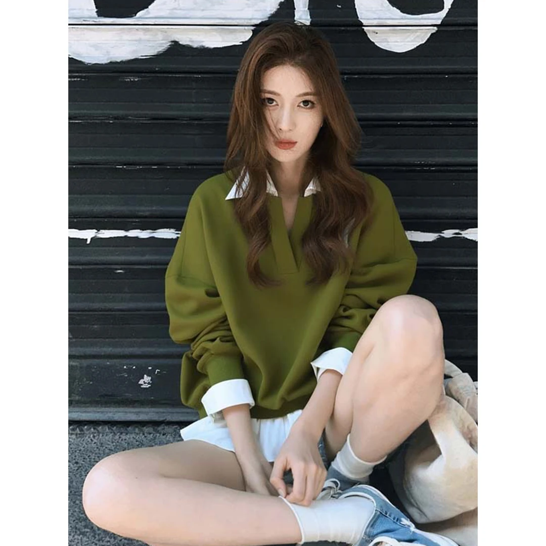 早秋新款小个子韩系上衣美式复古慵懒chic多巴胺绿色V领薄卫衣女