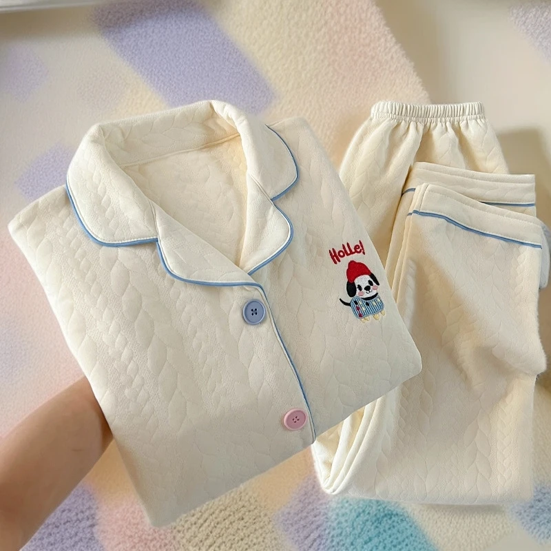 韩版ins简约纯色卡通小狗空气棉睡衣女秋冬家居服长袖宽松套装