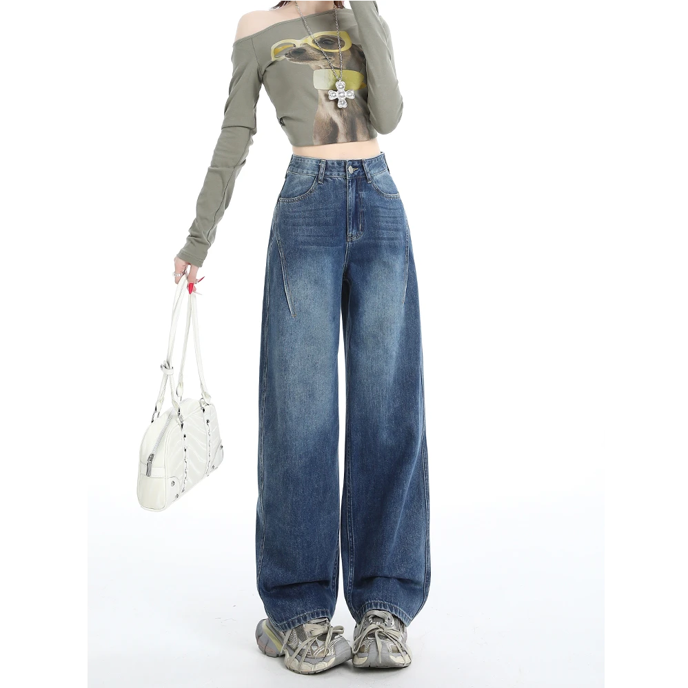 拉夏贝尔高街设计感牛仔弯刀裤女春秋复古时尚高腰宽松拖地阔腿裤