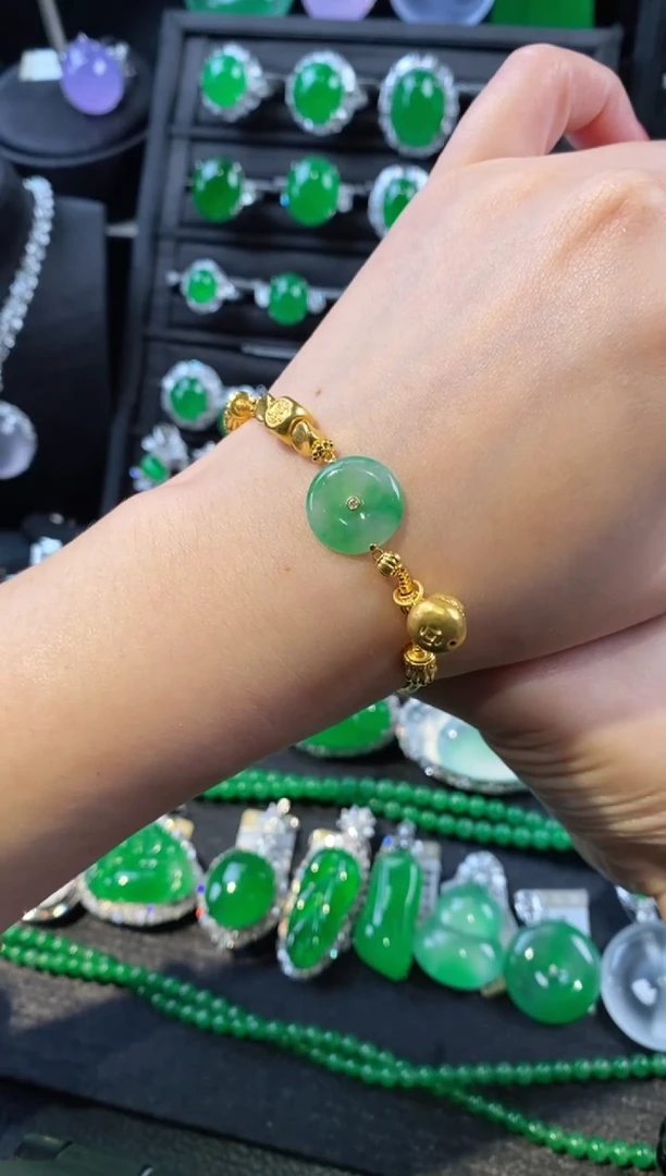 足金镶嵌手链翡翠平安扣手链5015012