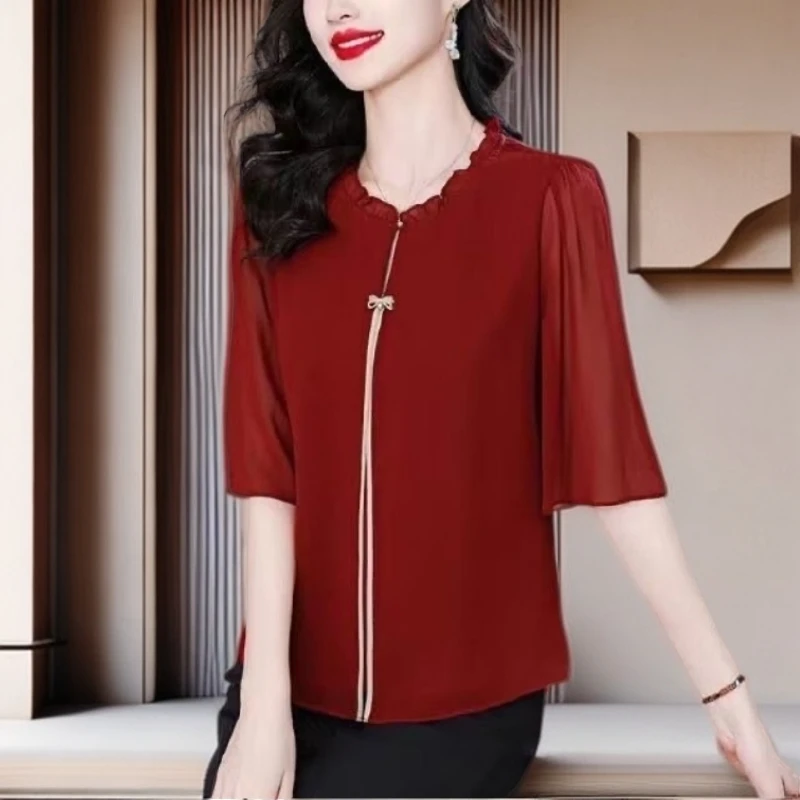 【宁一女装】时尚洋气显瘦新款潮夏季短袖雪纺衫中年妈妈装气质