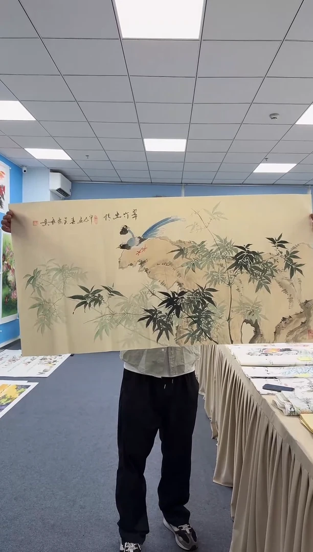 国画手绘作品竹子鸟横幅