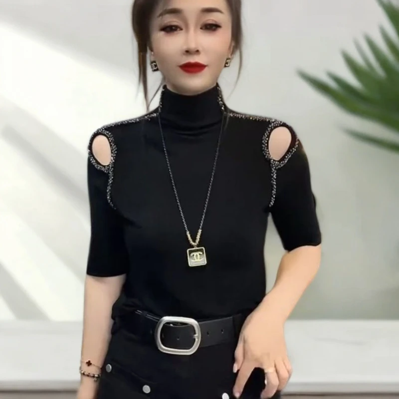 欧货圆领时尚新款露肩镂空T恤2025早秋打底洋气修身显瘦上衣小衫