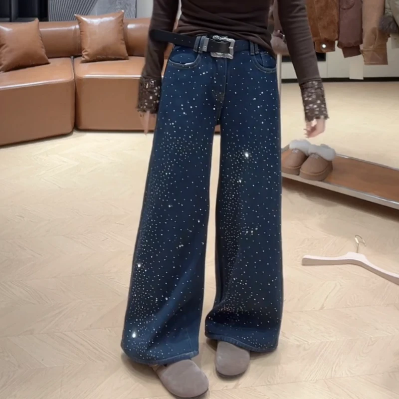 冬季加绒烫钻高腰牛仔裤韩版潮流宽松裤子LK2508805