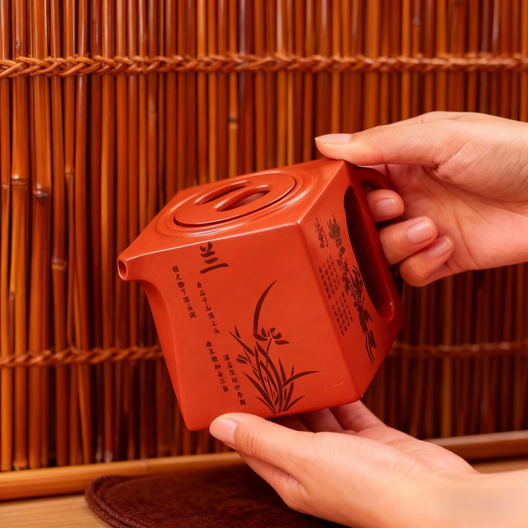 原矿朱泥手工刻绘梅兰竹菊阳羡四方壶家用功夫茶席添文人雅致。